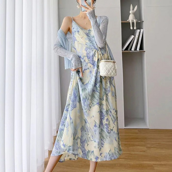 Рокли за бременни Костюм 2023 Летни френски елегантни дрехи за бременни Модна шифонена рокля + палто Дамска рокля за бременни