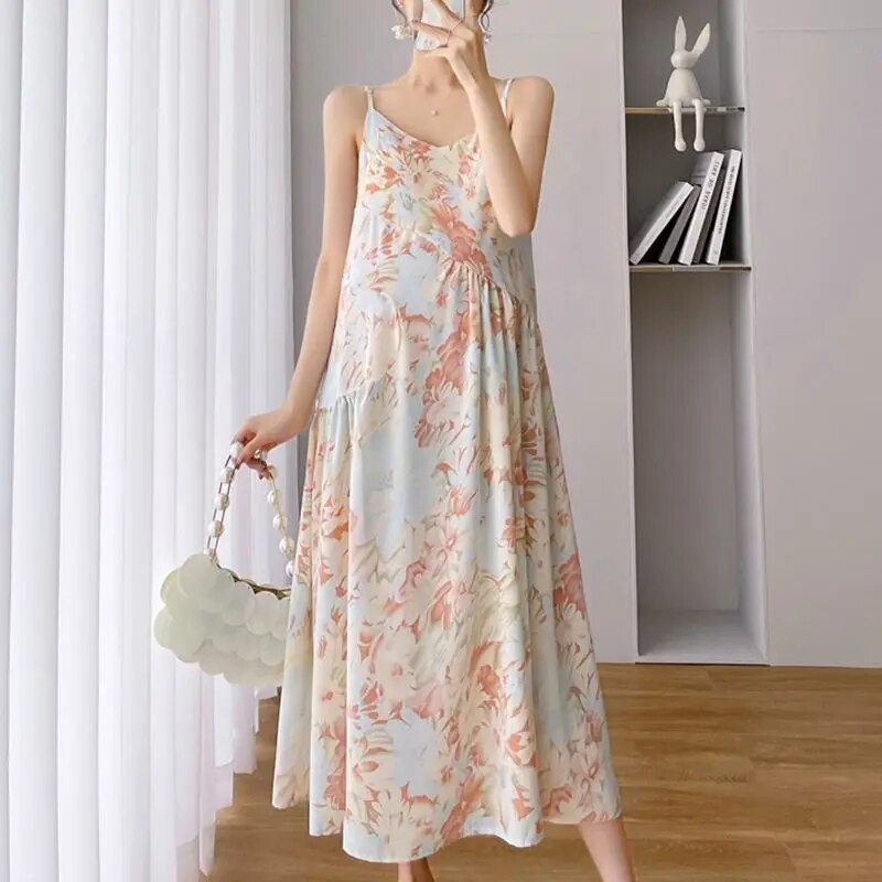 Φορέματα εγκυμοσύνης Κοστούμι 2023 Καλοκαίρι Γαλλικά Κομψά Ρούχα για Έγκυες Μόδα Φόρεμα σιφόν + Παλτό Γυναικείο Φόρεμα εγκυμοσύνης