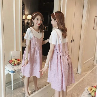 Rasedate naiste suvine uus moekas rasedate naiste kleit lühikeste varrukatega keskmise pikkusega lahtised lillemustriga kleidid