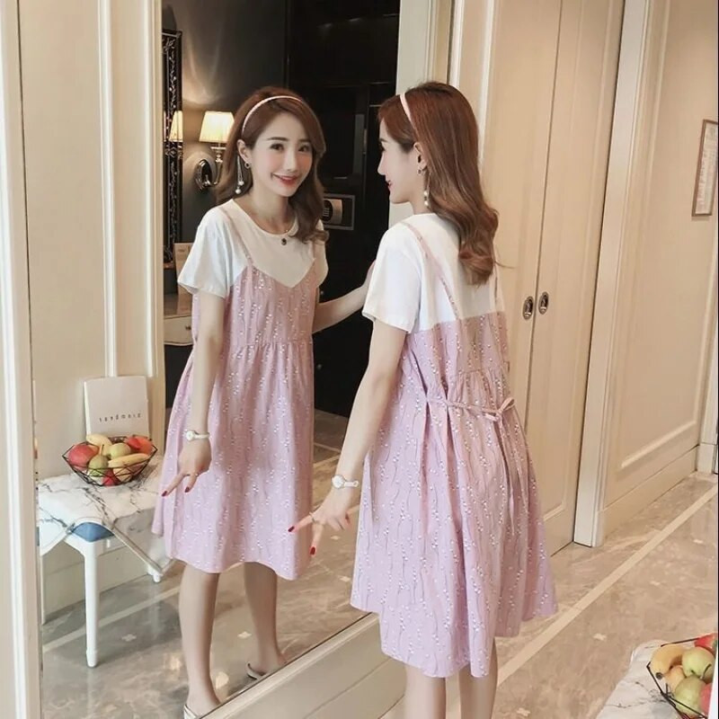 Rasedate naiste suvine uus moekas rasedate naiste kleit lühikeste varrukatega keskmise pikkusega lahtised lillemustriga kleidid