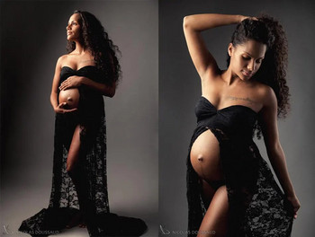 Φόρεμα εγκυμοσύνης για φωτογράφιση Γυναίκες εγκυμοσύνης δαντέλα Έγκυος μία γραμμή λαιμόκοψη ουρά σουτιέν Φωτογραφία χωρίς μανίκια