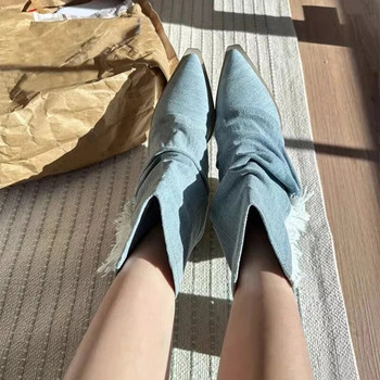 Πιέτες μπλε τζιν ψηλές μπότες για γυναίκες 2023 Φθινόπωρο με χοντρό τακούνι με μυτερές μύτες Καουμπόικες μπότες Γυναικεία slip On Western Long Boots