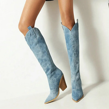 Μόδα τζιν γυναικείες γυναικείες ψηλές μπότες με γόνατο Νέες φθινοπωρινές χειμερινές ψηλοτάκουνες μακριές μπότες Cowboy Μέγεθος 43 Slip on γυναικεία παπούτσια