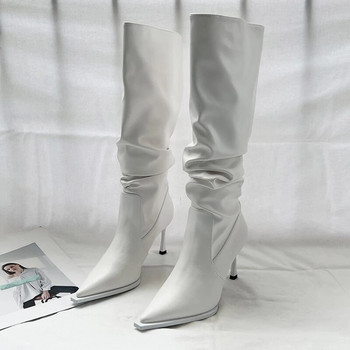 Γυναικείες μπότες ψηλοτάκουνα με πλισέ φθινόπωρο Pu 2023 Δερμάτινες μπότες καουμπόισσας με μυτερές μύτες Γυναικεία Μαύρα Λευκά Western Long Botas