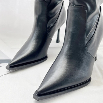 Плисирани ботуши с високи токчета до коляното Дамски есенни ботуши за 2023 г. от изкуствена кожа с остри пръсти Дамски ботуши тип „каубойка“ Черни бели западни дълги ботуши