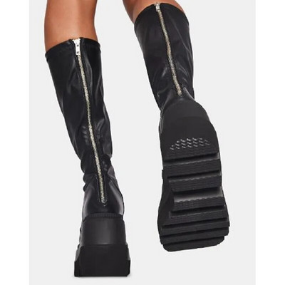 Talvised naiste saapad, sääre keskosa kiiluga kõrge kontsaga platvorm, pits, lukuga, naiste pumbad, naiste punk-gooti mootorratta must ümmargune varvas