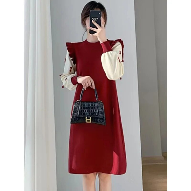 Nėščiųjų mezgimo suknelė 2023 m. Nauji pavasario rudens drabužiai nėščiosioms Mielos lankelio grybelio briaunos nėštumui skirtos suknelės