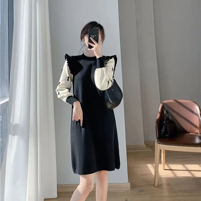 Nėščiųjų mezgimo suknelė 2023 m. Nauji pavasario rudens drabužiai nėščiosioms Mielos lankelio grybelio briaunos nėštumui skirtos suknelės