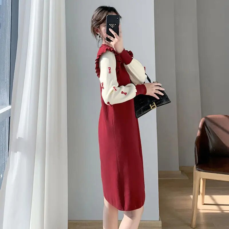 Nėščiųjų mezgimo suknelė 2023 m. Nauji pavasario rudens drabužiai nėščiosioms Mielos lankelio grybelio briaunos nėštumui skirtos suknelės