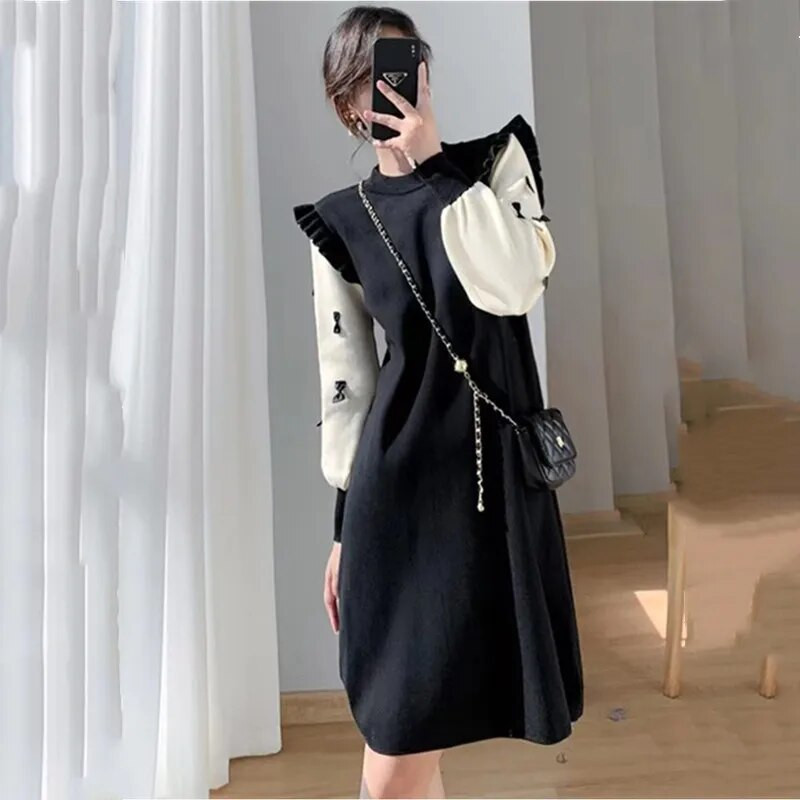 Nėščiųjų mezgimo suknelė 2023 m. Nauji pavasario rudens drabužiai nėščiosioms Mielos lankelio grybelio briaunos nėštumui skirtos suknelės