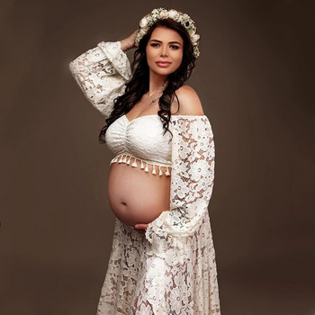 Дантелена рокля за бременни в бохо стил Бохемска рокля за бременни снимки за бебешко парти Дантелена рокля с разпръснати разрези