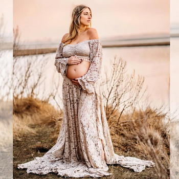 Дантелена рокля за бременни в бохо стил Бохемска рокля за бременни снимки за бебешко парти Дантелена рокля с разпръснати разрези