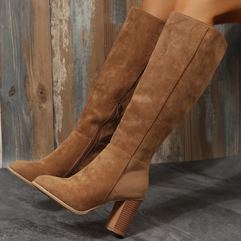Γυναικείες μπότες Cowboy Heels Western Chunky Παπούτσια Δερμάτινα Γόνατο ψηλά Μακρύ Κομψό Designer Plus μέγεθος Νέο Rock Pole Dance Καφέ