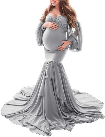 Секси рокли за бременни без рамене Фотосесия с волани Макси рокля за бременност Рокля за бременни жени Реквизит за фотография Рокля русалка