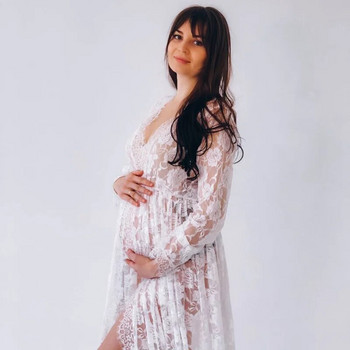 Сексуална фото рокля с дантелени шевове Бременна жена Сексуална предна вилица Изискани рокли за бременни за бебешки рокли Реквизит за фотография
