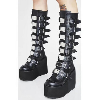 Punk γυναικείες μπότες Γυναικείες ψηλές μπότες Cosplay Comfort Long Tube Δερμάτινες μπότες Μαύρη πλατφόρμα με ψηλές σφήνες Γυναικεία παπούτσια σε γοτθικό στυλ