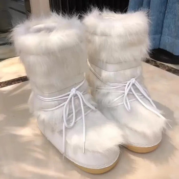 Зимни обувки за сняг 2023 г. Дамски ски обувки Пухкави космати дантели Платформа до средния прасец, плоски с бели ски обувки