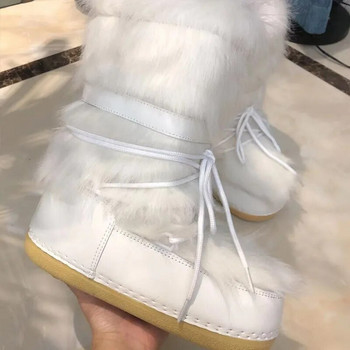 Зимни обувки за сняг 2023 г. Дамски ски обувки Пухкави космати дантели Платформа до средния прасец, плоски с бели ски обувки
