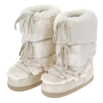 Χειμερινές μπότες χιονιού 2023 Γυναικείες μπότες για σκι Χνουδωτά τριχωτά κορδόνια επάνω Πλατφόρμα μέσης γάμπας με λευκές μπότες για σκι