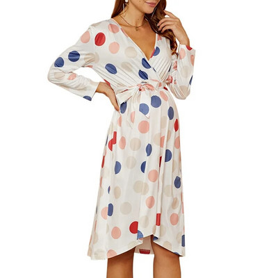 Γυναικείο φόρεμα εγκυμοσύνης μακρυμάνικο πουά φόρεμα έγκυος με ζώνη Φθινοπωρινό Baby Shower Φορέματα εγκυμοσύνης Ρούχα εγκύου