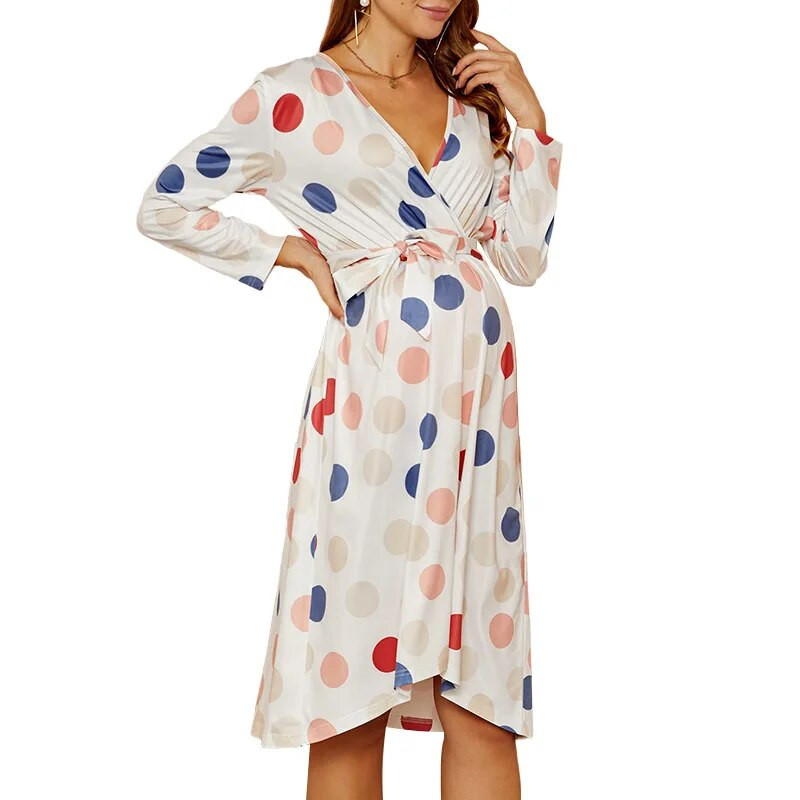 Γυναικείο φόρεμα εγκυμοσύνης μακρυμάνικο πουά φόρεμα έγκυος με ζώνη Φθινοπωρινό Baby Shower Φορέματα εγκυμοσύνης Ρούχα εγκύου