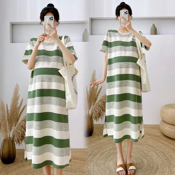 Βαμβακερό φόρεμα εγκυμοσύνης Καλοκαιρινής Κορέας μόδας 2023 Γλυκά, κομψά ριγέ φαρδιά ρούχα για έγκυες γυναίκες Κομψή εγκυμοσύνη