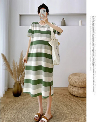 Βαμβακερό φόρεμα εγκυμοσύνης Καλοκαιρινής Κορέας μόδας 2023 Γλυκά, κομψά ριγέ φαρδιά ρούχα για έγκυες γυναίκες Κομψή εγκυμοσύνη