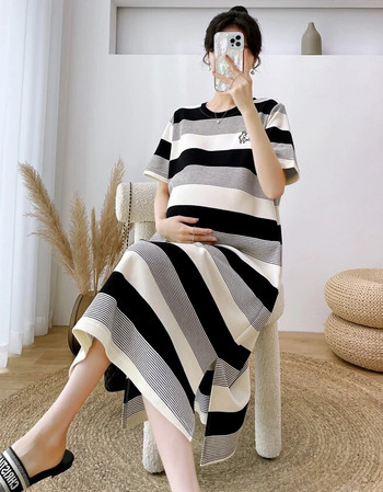 Лятна корейска модна памучна рокля за бременни през 2023 г. Сладки шикозни широки дрехи на райета за бременни жени Елегантна бременна