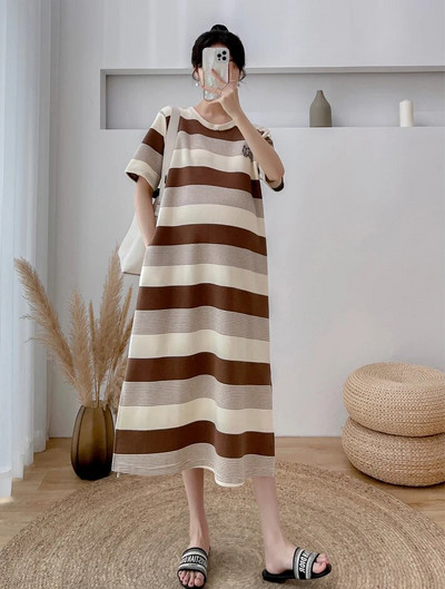 2023. gada vasaras korejiešu modes kokvilnas grūtnieču kleita, salda, eleganta, svītraina, brīva drēbes grūtniecēm Eleganta grūtniecība