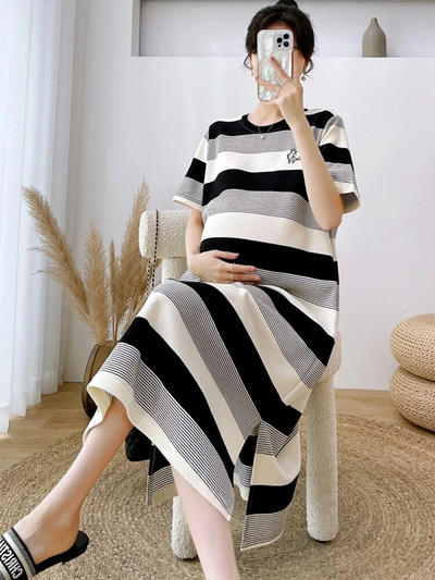 2023. gada vasaras korejiešu modes kokvilnas grūtnieču kleita, salda, eleganta, svītraina, brīva drēbes grūtniecēm Eleganta grūtniecība