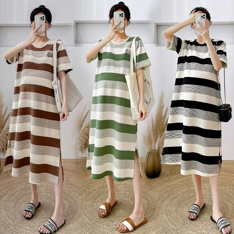 2023. gada vasaras korejiešu modes kokvilnas grūtnieču kleita, salda, eleganta, svītraina, brīva drēbes grūtniecēm Eleganta grūtniecība