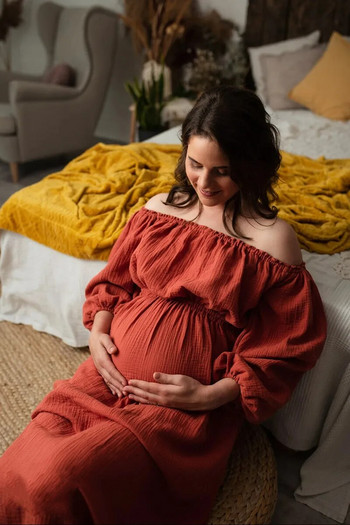 Boho Maternity Photo Shoot Μακριά Φορέματα Σκουριάς από βαμβακερό λαιμό Bohemian Φορέματα εγκυμοσύνης για φωτογραφία
