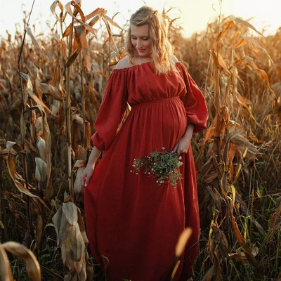 Бохо фотосесия за бременни Дълги рокли Ръждиви памучни бохемски рокли за бременни за фотография