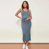 Πλεκτό λεπτό φόρεμα εγκυμοσύνης Γυναικείο μασίφ αμάνικο Maxi μακρύ κορν φορέματα έγκυο casual φόρεμα