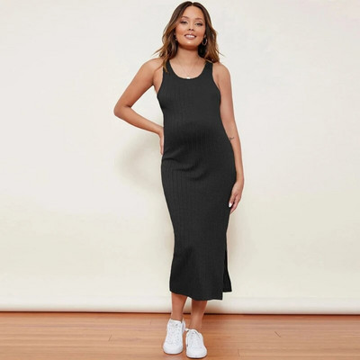 Πλεκτό λεπτό φόρεμα εγκυμοσύνης Γυναικείο μασίφ αμάνικο Maxi μακρύ κορν φορέματα έγκυο casual φόρεμα