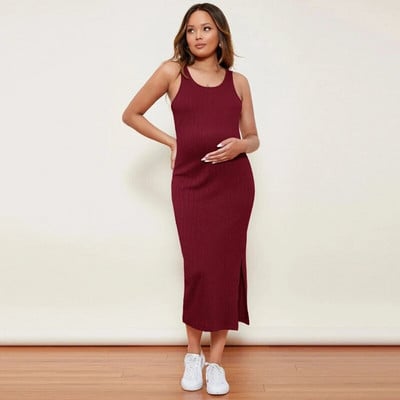 Πλεκτό λεπτό φόρεμα εγκυμοσύνης Γυναικείο μασίφ αμάνικο Maxi μακρύ κορν φορέματα έγκυο casual φόρεμα