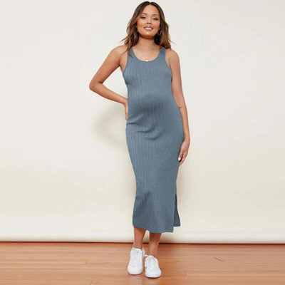 Πλεκτό λεπτό φόρεμα εγκυμοσύνης Γυναικείο μασίφ αμάνικο Maxi μακρύ κορν φορέματα έγκυο casual φόρεμα