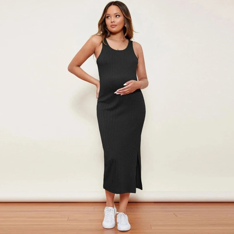 Πλεκτό λεπτό φόρεμα εγκυμοσύνης Γυναικείο μασίφ αμάνικο Maxi μακρύ κορν φορέματα έγκυο casual φόρεμα