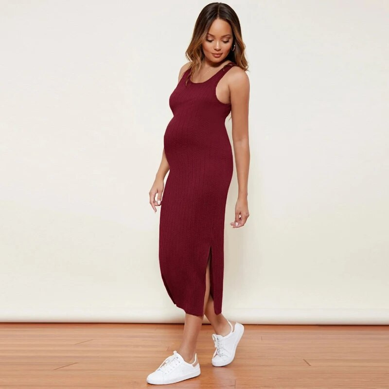 Πλεκτό λεπτό φόρεμα εγκυμοσύνης Γυναικείο μασίφ αμάνικο Maxi μακρύ κορν φορέματα έγκυο casual φόρεμα