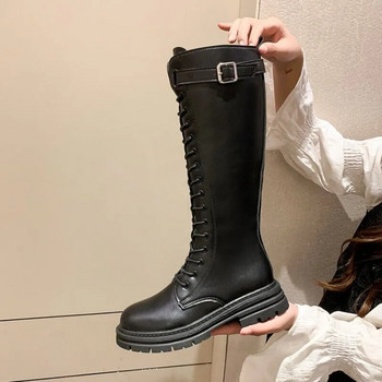 Дамски бойни ботуши Antumn 2023 Дамски готически обувки с висока платформа Черни кожени ботуши с връзки Дамски ботуши до коляното