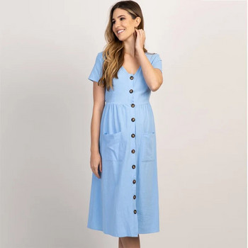 2021 Летни ежедневни рокли за бременни с кръгло деколте Рокля за бременни с копчета Свободна едноцветна рокля за бременни с къс ръкав Q06002
