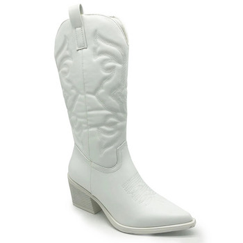 GOGD Дамски каубойски розови каубойски ботуши 2022 г. Модни западни ботуши с бродирани остри пръсти с цип и дебел ток до средата на прасеца Блестящи обувки