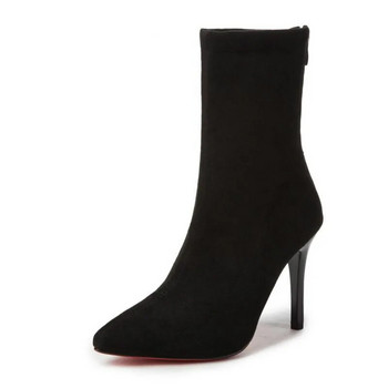 HOT Mid-barrel Boots Ελαστικές Μπότες Μυτερές Λεπτές γόβες για γυναίκες Mujer Μαύρο Stretch Ύφασμα αστράγαλο Χειμερινές ψηλοτάκουνες μπότες Ρώμη