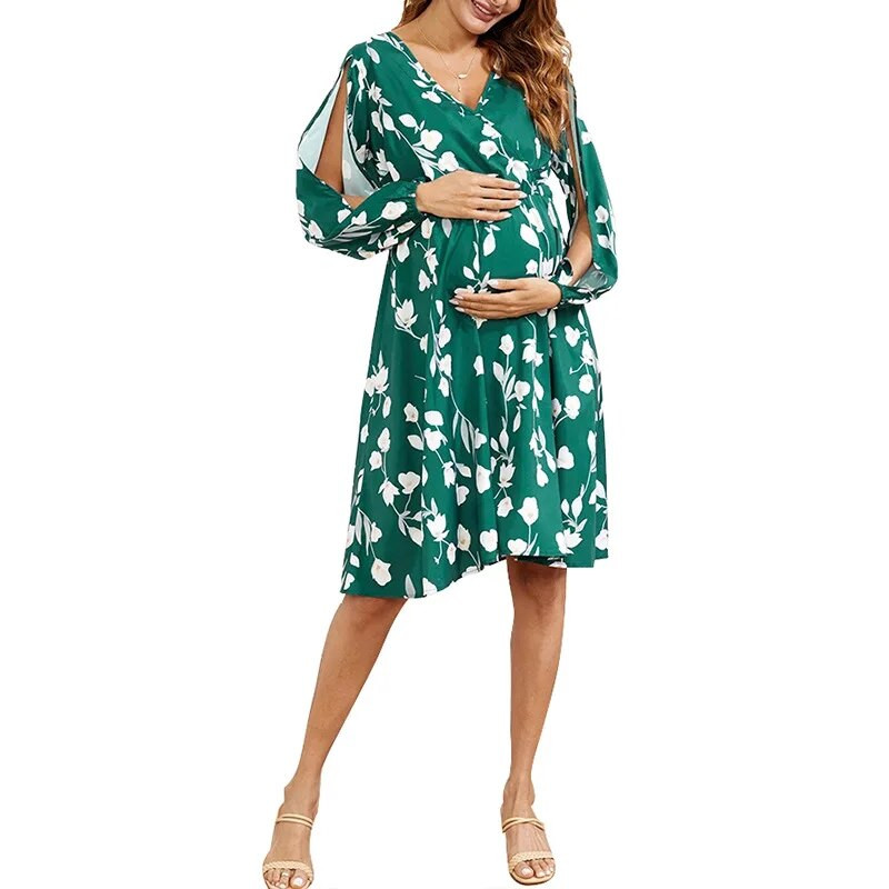 Ziedu kleitas grūtniecēm Grūtnieču drēbes V kakla izgriezumam Vasaras ikdienas pludmales māsu kleita Grūtnieces kleita zīdīšanai ar augstu jostasvietu