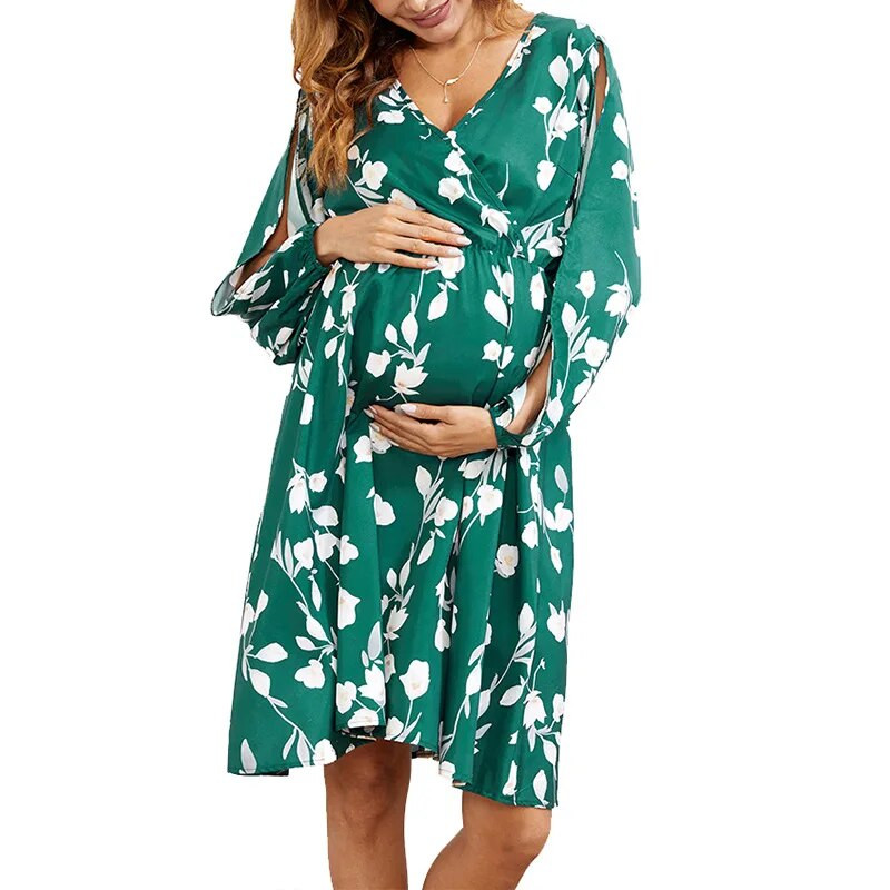 Ziedu kleitas grūtniecēm Grūtnieču drēbes V kakla izgriezumam Vasaras ikdienas pludmales māsu kleita Grūtnieces kleita zīdīšanai ar augstu jostasvietu