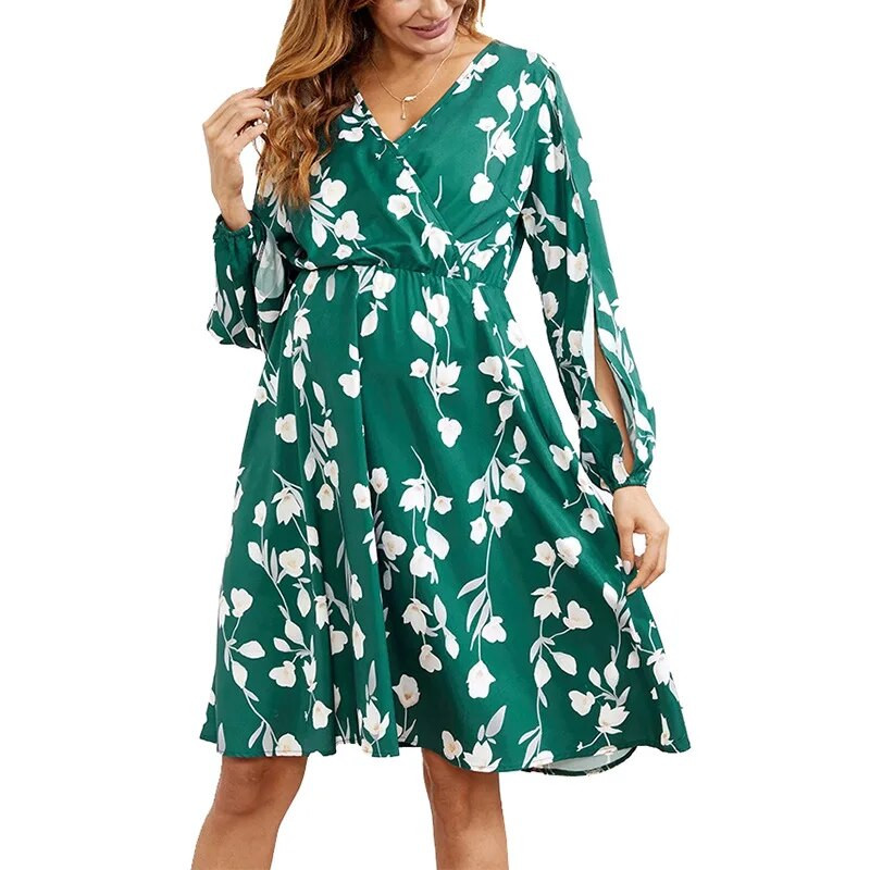 Ziedu kleitas grūtniecēm Grūtnieču drēbes V kakla izgriezumam Vasaras ikdienas pludmales māsu kleita Grūtnieces kleita zīdīšanai ar augstu jostasvietu