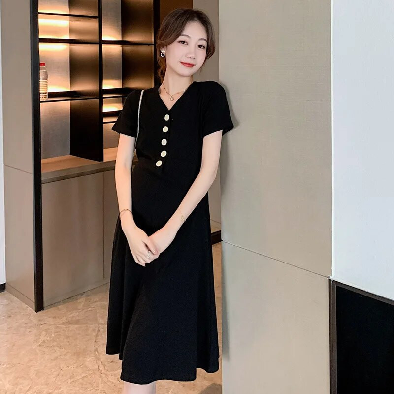 Φορέματα εγκυμοσύνης με κουμπί Μαύρα έγκυες γυναίκες Casual ρούχα γραφείου Καλοκαιρινό Γυναικείο Plus μέγεθος Φόρεμα εγκυμοσύνης Αποφοίτηση