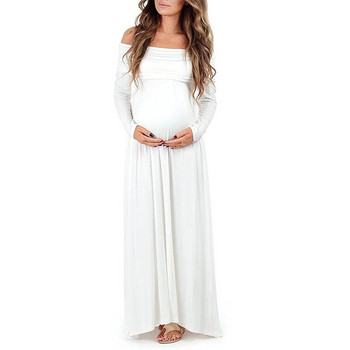 Дълга рокля за бременни Жени с волани Разтеглива макси рокля с дълъг ръкав с отворени рамена Бременни дрехи за бременни жени 2023 г.