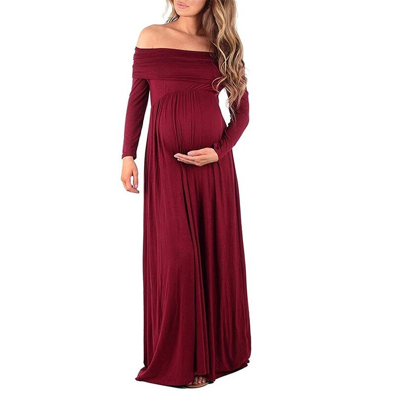 Grūtnieču gara kleita Sieviešu volāns Elastīga garām piedurknēm Maxi Dress Off plec Grūtniecības apģērbs grūtniecēm 2023