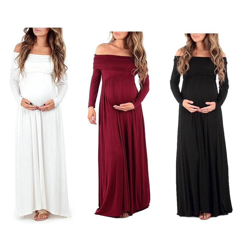 Grūtnieču gara kleita Sieviešu volāns Elastīga garām piedurknēm Maxi Dress Off plec Grūtniecības apģērbs grūtniecēm 2023